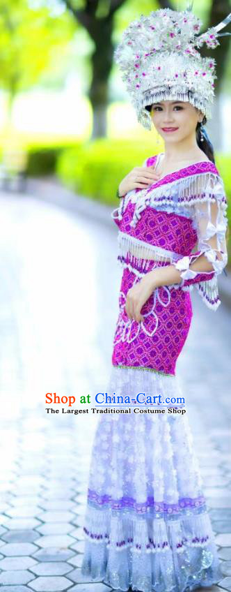 Top Quality Miao Ethnic Women Dress China Miao Nationality Clothes Embroidered Top and Skirt and Silver Hat