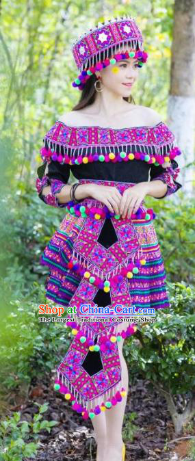 Top Quality Miao Minority Dance Clothing China Yunnan Miao Ethnic Embroidered Blouse and Skirt Women Short Dress with Hat