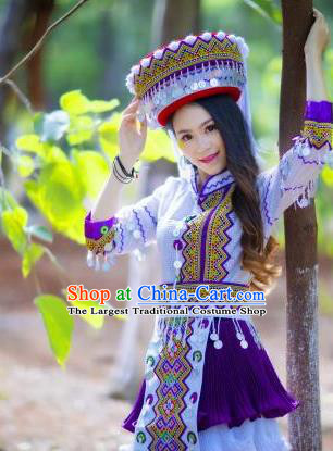 Top Quality Yao Minority White Blouse and Short Skirt Women Dance Clothing China Yunnan Ethnic Costumes with Hat