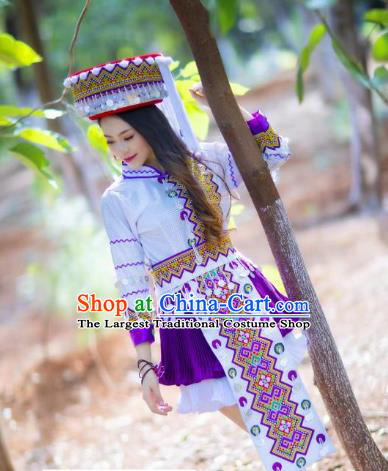 Top Quality Yao Minority White Blouse and Short Skirt Women Dance Clothing China Yunnan Ethnic Costumes with Hat