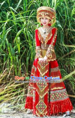 China Yunnan Yao Minority Wedding Clothing Ethnic Nationality Bride Costumes with Headdress Top Quality Tassel Blouse and Red Skirt Full Set