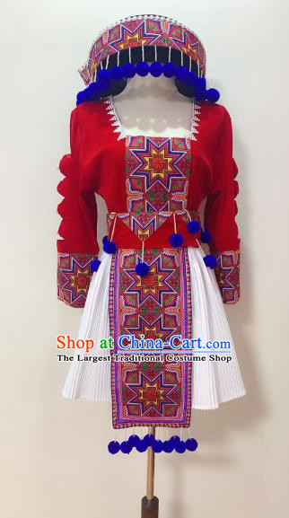 China Yao Ethnic Women Costumes Yunnan Minority Folk Dance Clothing Nationality Stage Performance Dress and Hat