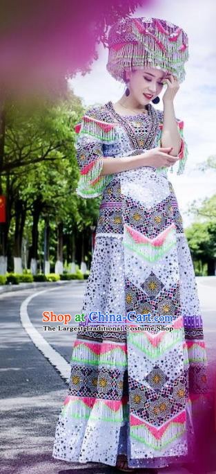 Top China Miao Ethnic Women Costumes Yunnan Minority Nationality Folk Dance Clothing Stage Performance Blouse and Long Skirt With Hat