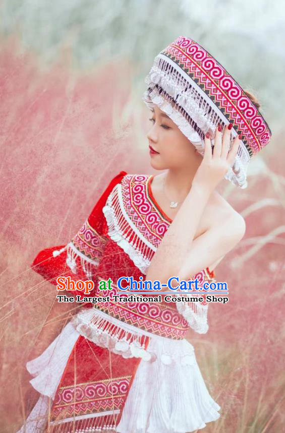 China Guizhou Miao Ethnic Female Costumes Minority Nationality Photography Clothing Miao People Red Blouse and Short Skirt with Tassel Round Hat