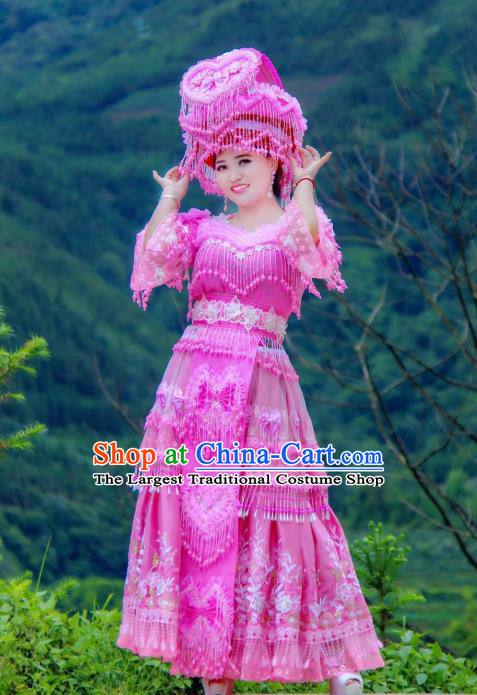China Guangxi Yao Minority Bride Rosy Blouse and Long Skirt with Hat Miao Ethnic Nationality Female Photography Costumes Wedding Clothing