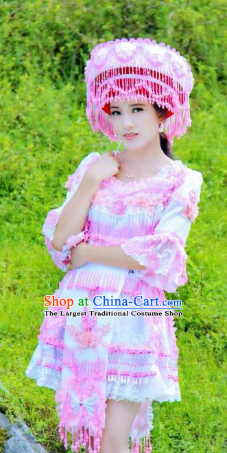 China Ethnic Bride Light Blue Blouse and Short Skirt with Hat Miao Ethnic Nationality Wedding Costumes