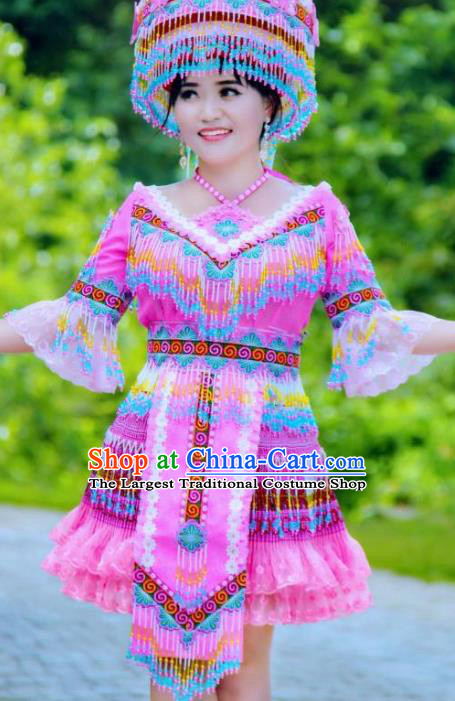China Miao Ethnic Clothing Rosy Blouse and Short Skirt Miao Nationality Folk Dance Fashion Costumes with Hat
