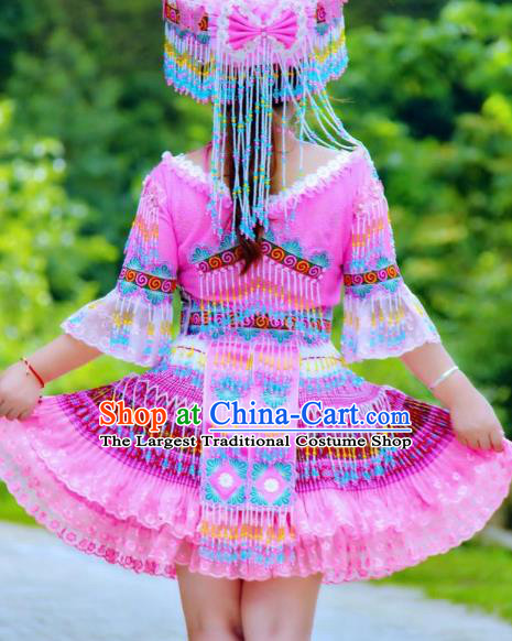 China Miao Ethnic Clothing Rosy Blouse and Short Skirt Miao Nationality Folk Dance Fashion Costumes with Hat