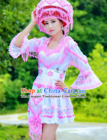 China Ethnic Women Pink Beads Tassel Blouse and Short Skirt Folk Dance Clothing Miao Nationality Fashion Costumes with Hat