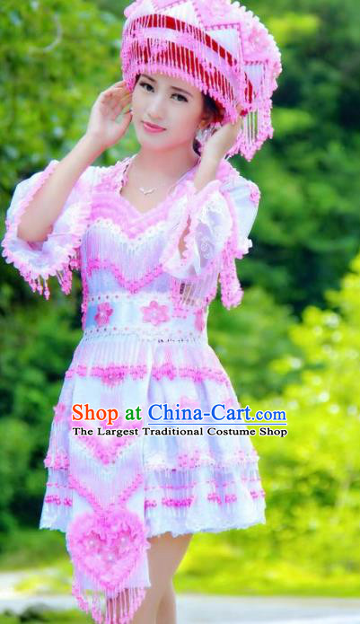 China Ethnic Women Pink Beads Tassel Blouse and Short Skirt Folk Dance Clothing Miao Nationality Fashion Costumes with Hat