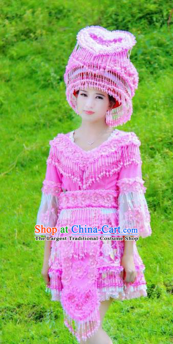 Top Quality China Ethnic Rosy Blouse and Short Skirt Miao Nationality Folk Dance Clothing Fashion with Headdress