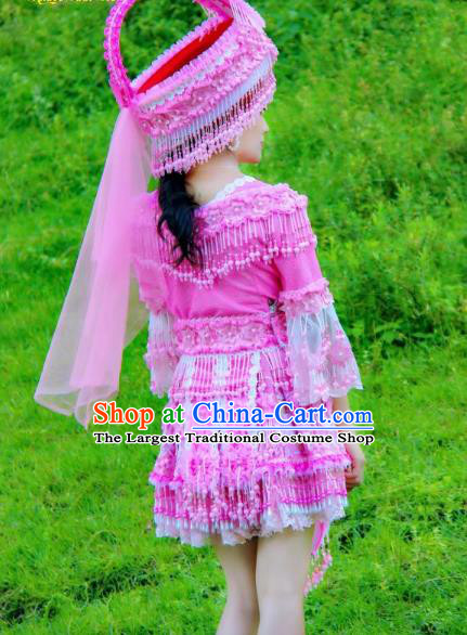Top Quality China Ethnic Rosy Blouse and Short Skirt Miao Nationality Folk Dance Clothing Fashion with Headdress