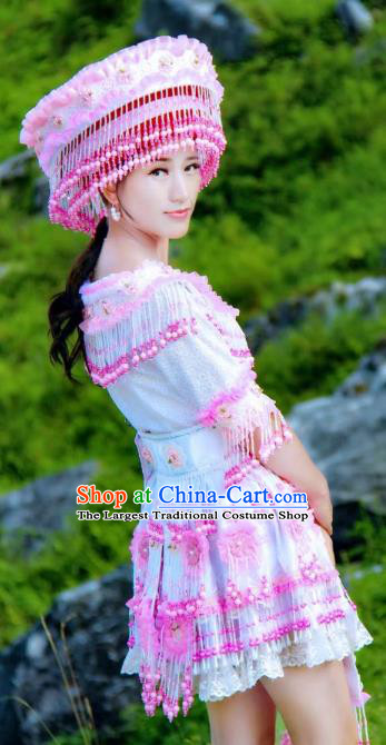 China Minority Dance Performance Fashion with Headdress Top Quality Miao Nationality Female Clothing Ethnic Light Blue Blouse and Short Skirt Outfits