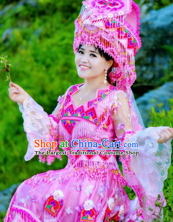 China Guizhou Miao Ethnic Wedding Fashion Top Quality Miao Nationality Bride Clothing Minority Rosy Dresses with Headdress