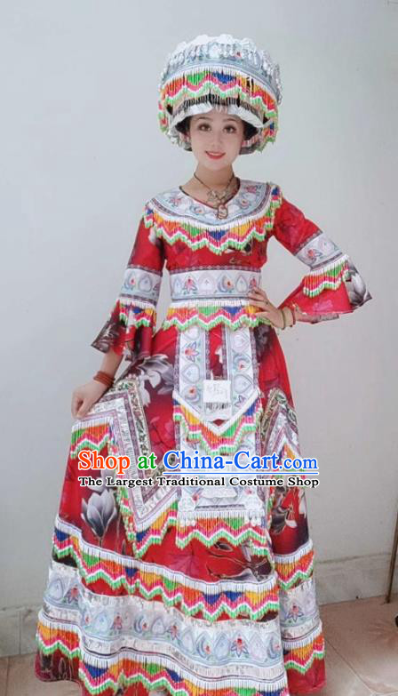 China Guizhou Miao Ethnic Printing Fashion Top Quality Miao Nationality Folk Dance Clothing Photography Dress with Hat