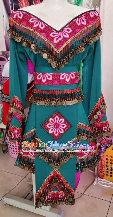 China Folk Dance Green Dress with Hat Guizhou Miao Nationality Fashion Top Quality Ethnic Photography Clothing
