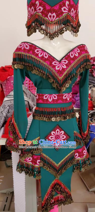China Folk Dance Green Dress with Hat Guizhou Miao Nationality Fashion Top Quality Ethnic Photography Clothing