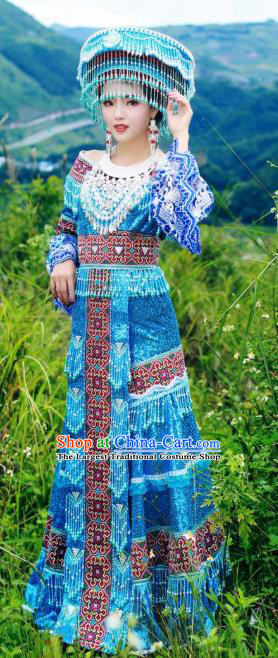 China Wenshan Miao Ethnic Festival Women Blue Dress Folk Dance Costumes Yunnan Minority Celebration Clothing and Hat
