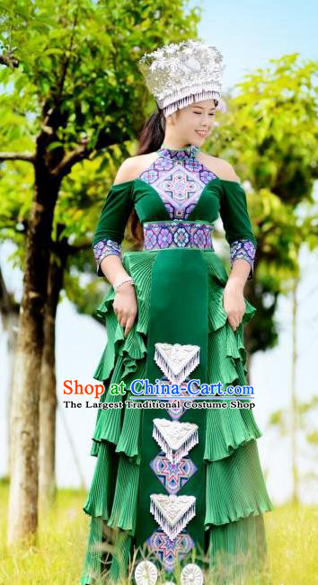 Quality China Miao Ethnic Women Apparels Festival Celebration Green Dress Yunnan Minority Folk Dance Clothing and Headwear