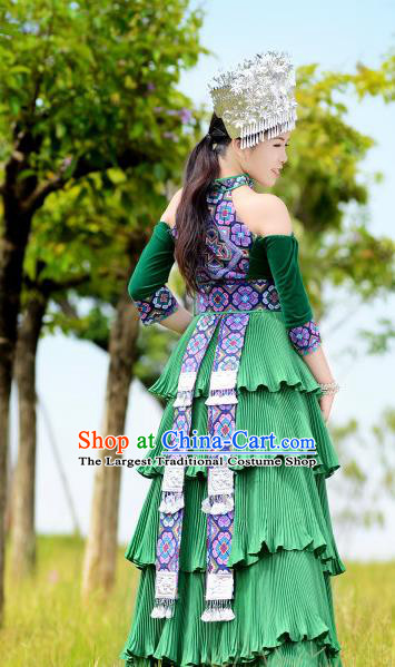 Quality China Miao Ethnic Women Apparels Festival Celebration Green Dress Yunnan Minority Folk Dance Clothing and Headwear