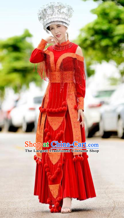 Top Quality China Miao Ethnic Women Red Dress Apparels Festival Celebration Wedding Clothing Guizhou Minority Folk Dance Costumes and Headpiece