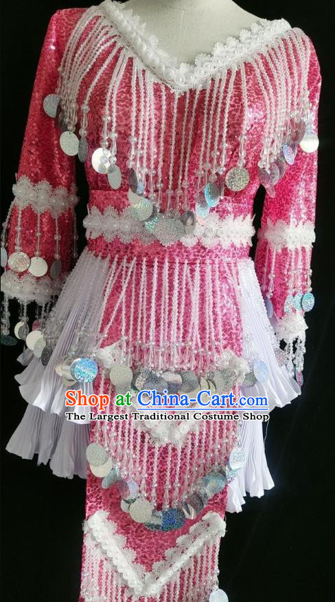 China Miao Nationality Rosy Sequins Blouse and Skirt Minority Women Folk Dance Clothing Ethnic Fashion