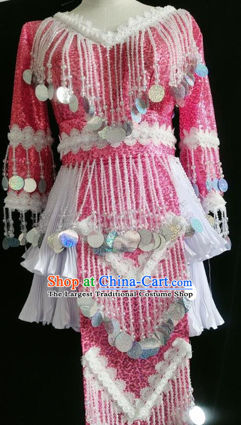 China Miao Nationality Rosy Sequins Blouse and Skirt Minority Women Folk Dance Clothing Ethnic Fashion