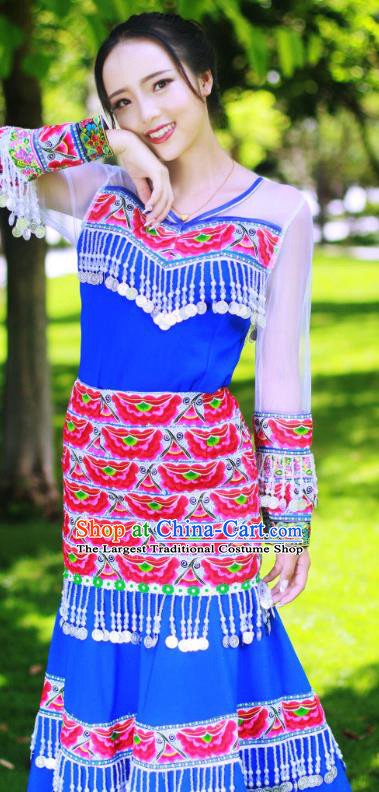 Yunnan Yi Minority Bride Royalblue Long Dress Traditional Festival Celebration Costumes China Ethnic Folk Dance Apparels
