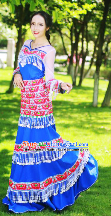 Yunnan Yi Minority Bride Royalblue Long Dress Traditional Festival Celebration Costumes China Ethnic Folk Dance Apparels