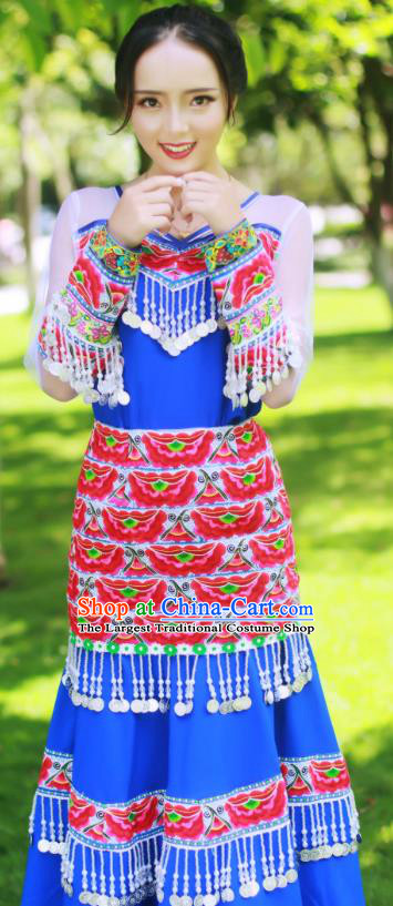 Yunnan Yi Minority Bride Royalblue Long Dress Traditional Festival Celebration Costumes China Ethnic Folk Dance Apparels