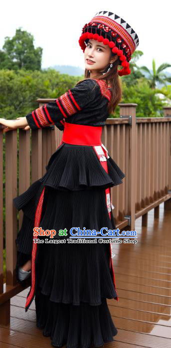 Top Quality China Yao Ethnic Women Black Dress Apparels Guizhou Minority Folk Dance Costumes Festival Celebration Clothing and Hat