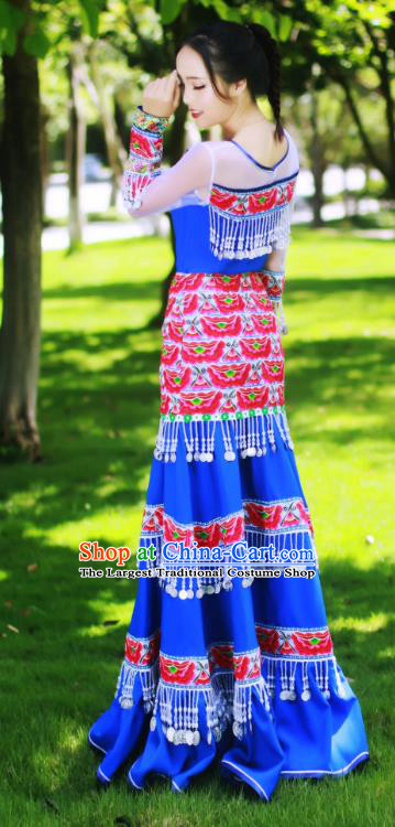 Yunnan Yi Minority Bride Royalblue Long Dress Traditional Festival Celebration Costumes China Ethnic Folk Dance Apparels