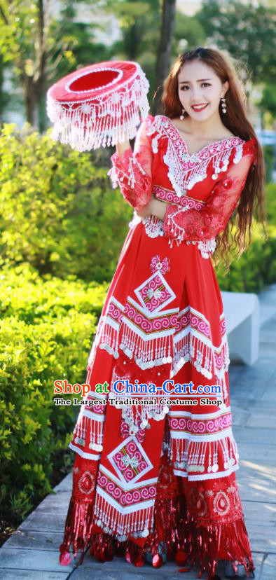 Yunnan Miao Minority Bride Red Long Dress Traditional Festival Celebration Costumes China Ethnic Wedding Women Apparels and Headdress