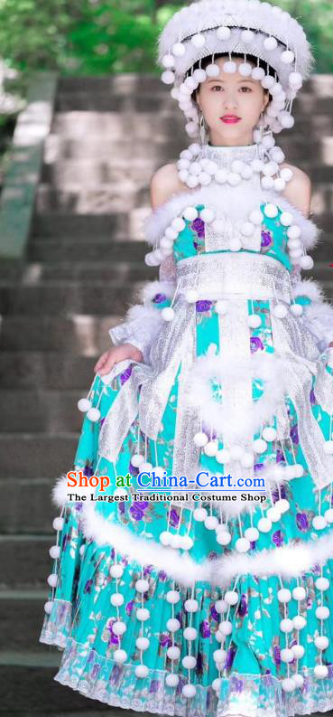 China Mengzi Miao Nationality Wedding Green Blouse and Long Skirt Minority Bride Clothing Ethnic Fashion with Headdress
