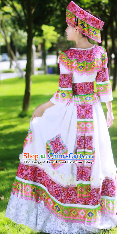 Guangxi Minority Bride Long Dress China Miao Ethnic Wedding Apparels Traditional Festival Celebration Women Costumes and Headwear