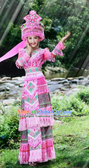 Sichuan Yao Minority Folk Dance Pink Long Dress Traditional Miao Ethnic Wedding Costumes China Women Apparels and Headdress