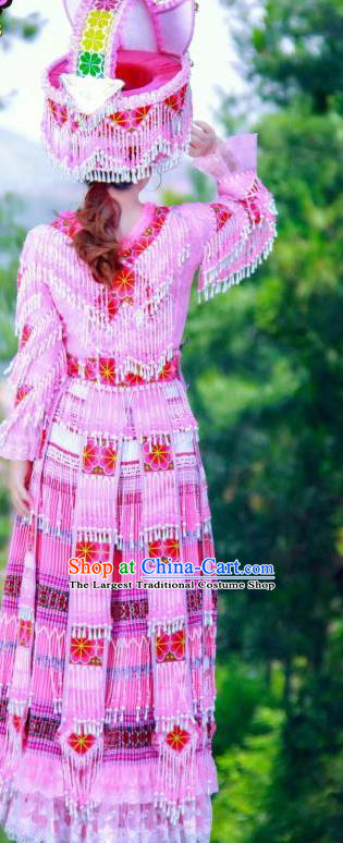 China Guizhou Miao Minority Folk Dance Pink Long Dress Women Apparels Traditional Ethnic Wedding Costumes and Headdress