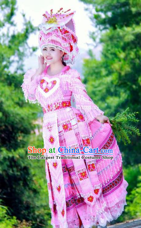 China Guizhou Miao Minority Folk Dance Pink Long Dress Women Apparels Traditional Ethnic Wedding Costumes and Headdress