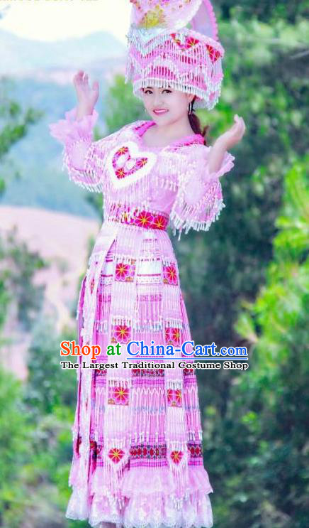 China Guizhou Miao Minority Folk Dance Pink Long Dress Women Apparels Traditional Ethnic Wedding Costumes and Headdress