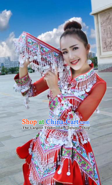 China Minority Women Red Dress Ethnic Folk Dance Apparels Traditional Miao Nationality Stage Performance Costumes and Headpiece