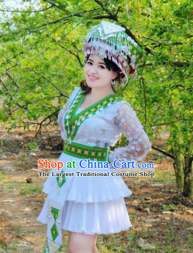 China Nationality White Blouse and Short Skirt Miao Minority Dance Clothing Ethnic Women Fashion and Hat