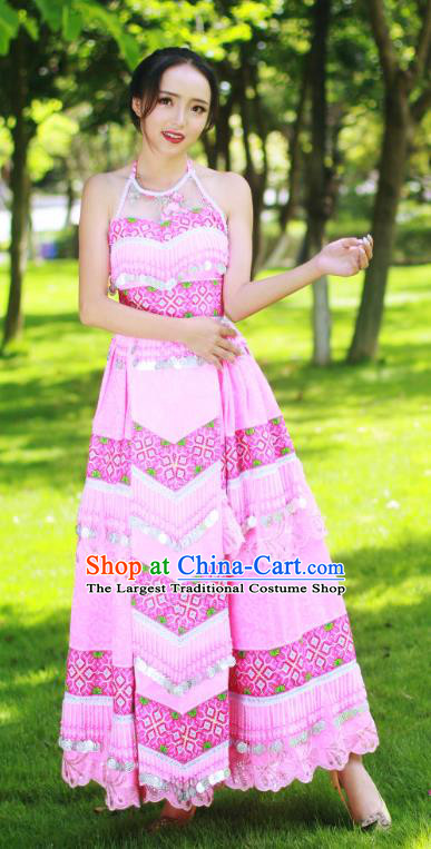 Top Quality Guizhou Minority Sexy Pink Dress Festival Celebration Dance Costumes China Yao National Ethnic Bride Apparels