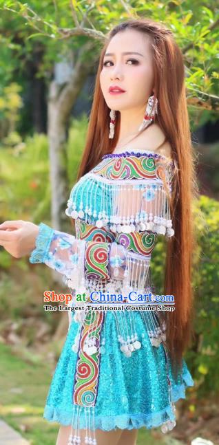 China Nationality Folk Dance Clothing Off Shoulder Blouse and Short Skirt Miao Minority Ethnic Women Stage Performance Costumes