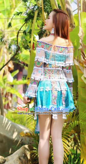 China Nationality Folk Dance Clothing Off Shoulder Blouse and Short Skirt Miao Minority Ethnic Women Stage Performance Costumes