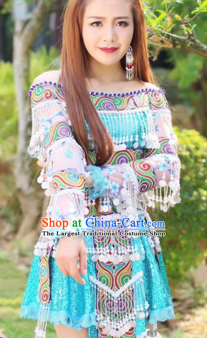 China Nationality Folk Dance Clothing Off Shoulder Blouse and Short Skirt Miao Minority Ethnic Women Stage Performance Costumes
