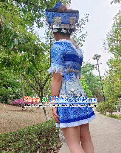 China Traditional Ethnic Folk Dance Apparels Miao Nationality Stage Performance Costumes Minority Women Blue Short Dress and Hat