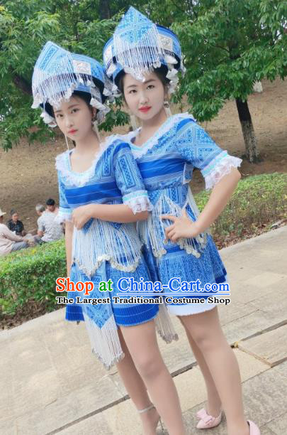 China Traditional Ethnic Folk Dance Apparels Miao Nationality Stage Performance Costumes Minority Women Blue Short Dress and Hat