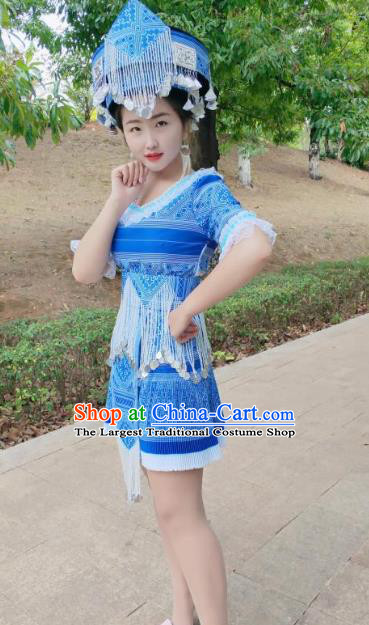 China Traditional Ethnic Folk Dance Apparels Miao Nationality Stage Performance Costumes Minority Women Blue Short Dress and Hat
