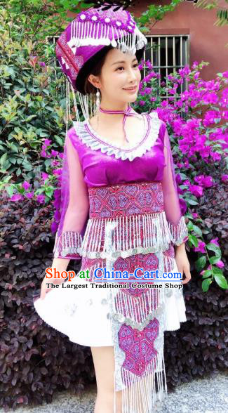 China Traditional Gunangxi Ethnic Folk Dance Apparels Zhuang Nationality Stage Performance Costumes Minority Women Purple Short Dress and Headwear