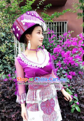China Traditional Gunangxi Ethnic Folk Dance Apparels Zhuang Nationality Stage Performance Costumes Minority Women Purple Short Dress and Headwear
